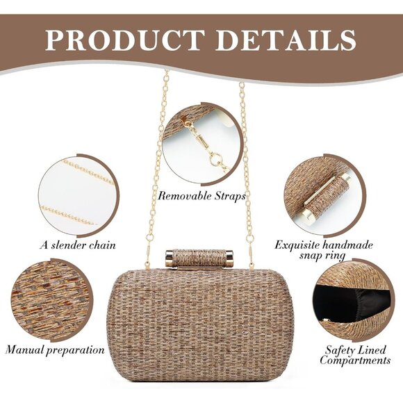 Khaki Small Woven Straw Clutch Crossbody Bag for Women, Multi-Use Summer Wicker - Picture 3 of 6